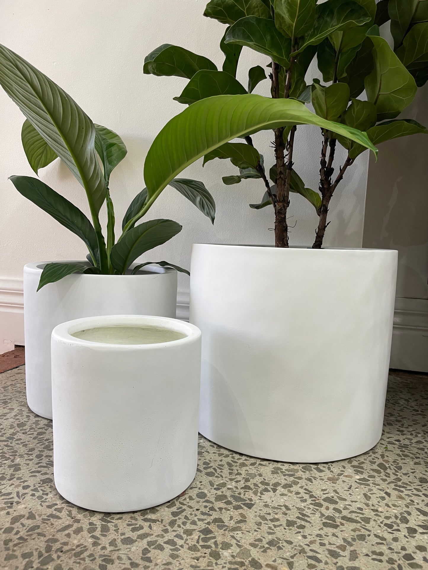 Floral Interior light weight cylinder pot - white